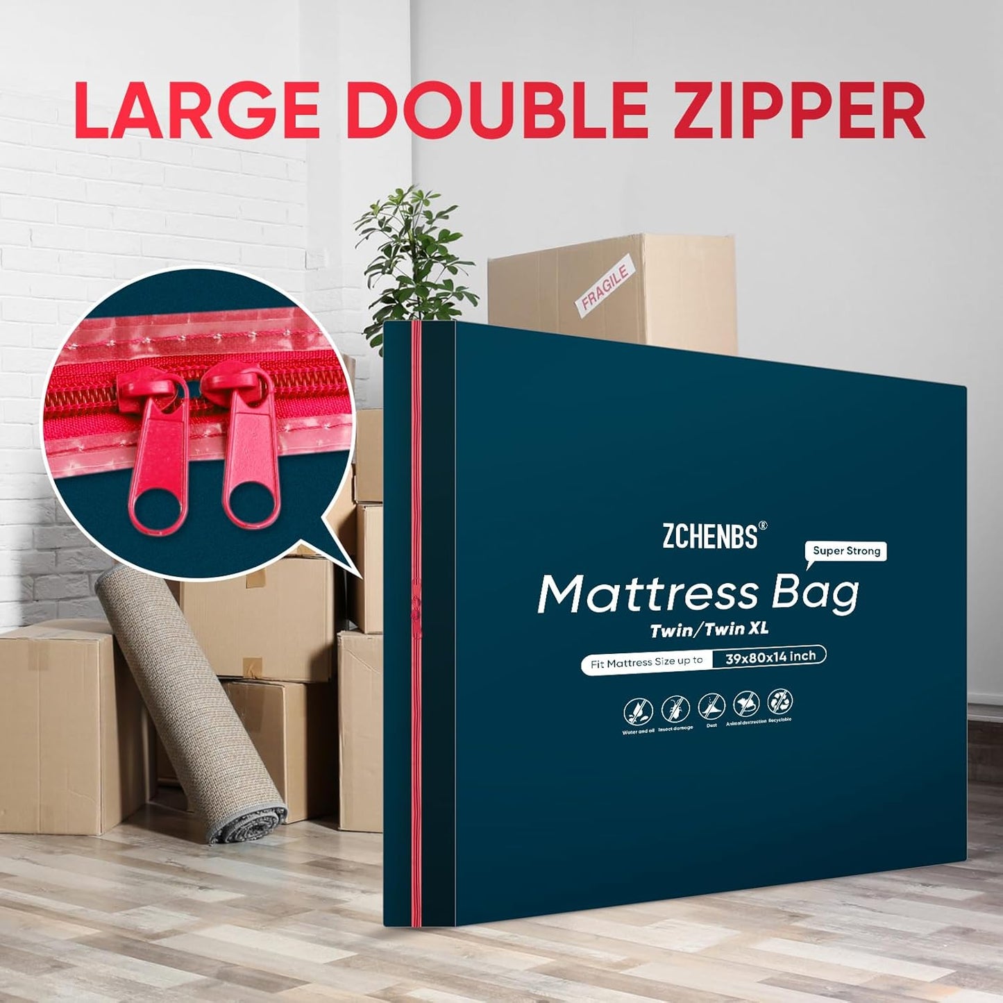 ZCHENBS® – Mattress Bags for Moving and Storage,Mattress Bag with Zippers,5 Mil Ultra-Thick Bed Bag,Waterproof,Anti-Tear,Heavy-Duty Mattress bag (Black, Twin/Twin XL-(2 Pack))