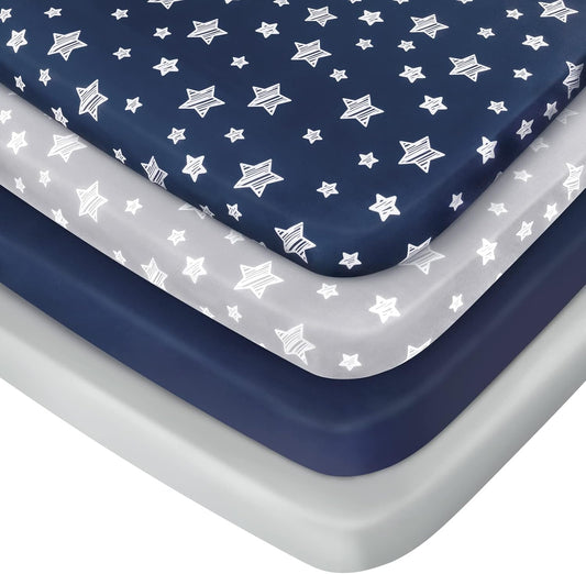 Pack and Play Sheets Boys, 4 Pack Mini Crib Sheets, Stretchy Pack and Play Playard Fitted Sheet, Compatible with Graco Pack n Play, Soft and Breathable Material, Navy