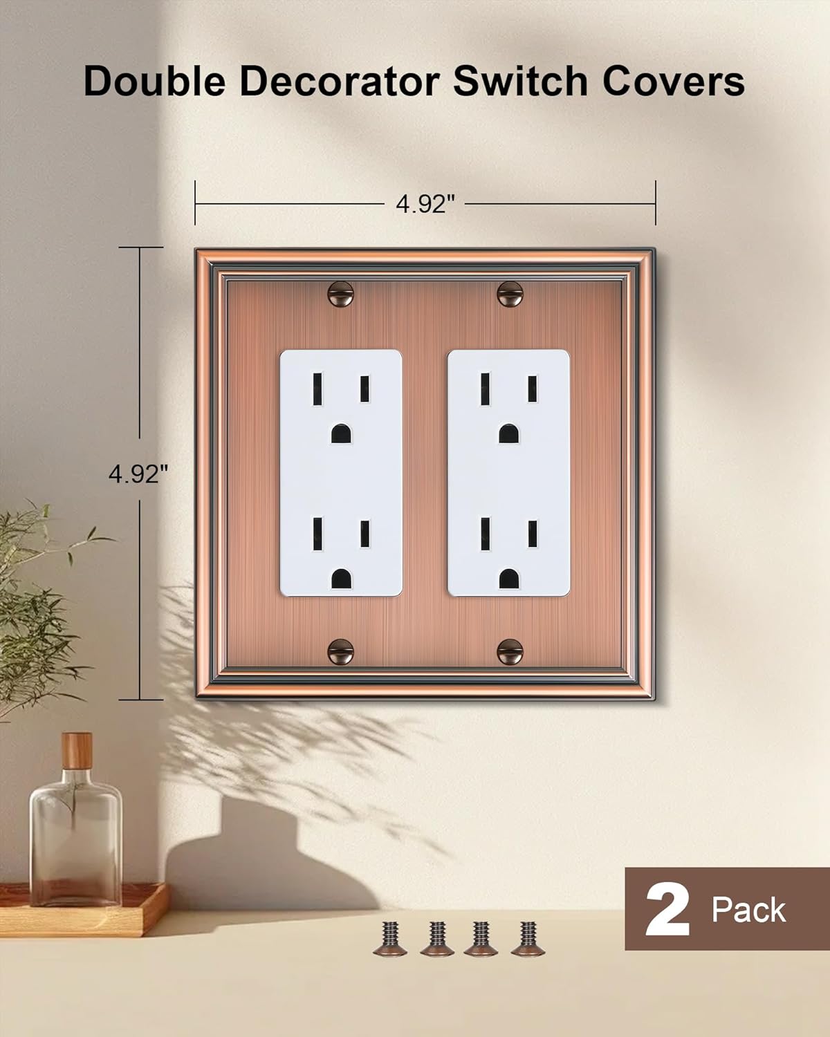 2-Pack Decorative Double Decorator Outlet Cover Plate, Durable Zinc Alloy Antique Copper Wall Plates for Electrical Outlets, Receptacle, GFCI Outlet, Dimmer Switch, 2-Gang Corrosion Resistant
