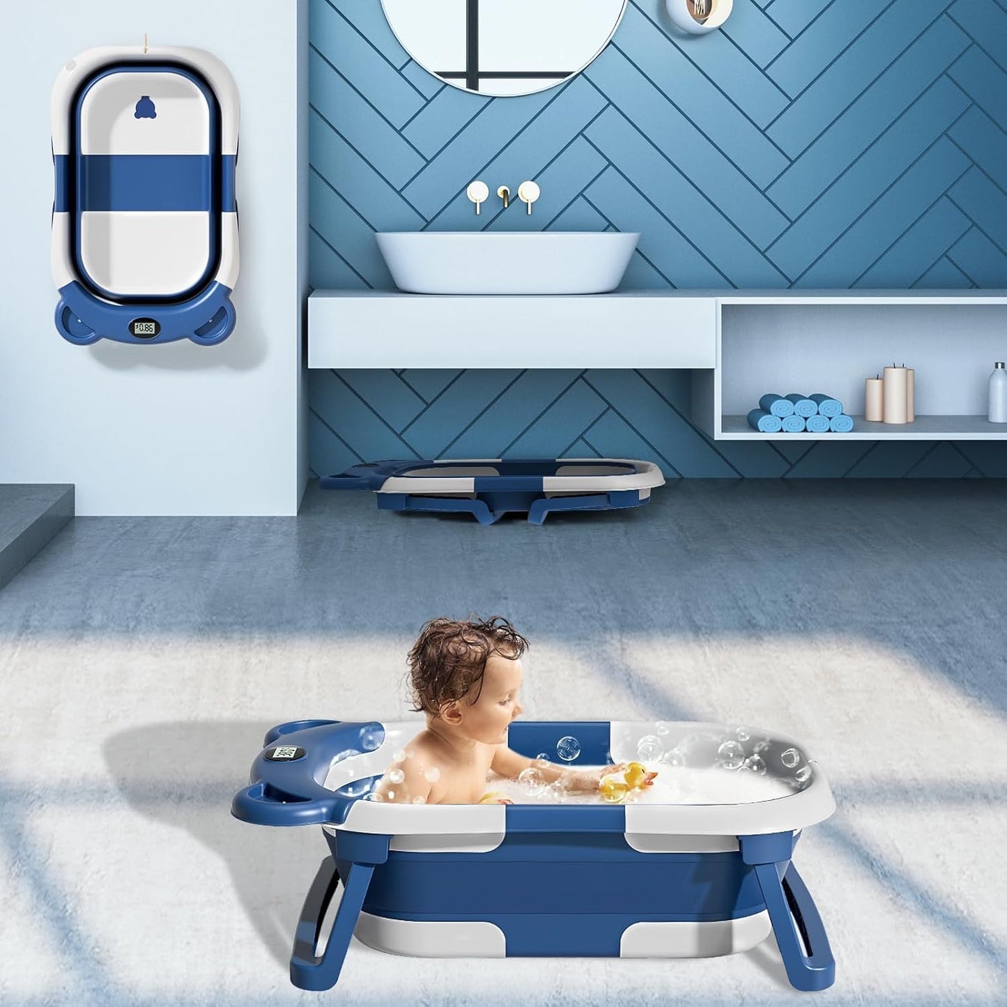 TPN Collapsible Baby Bathtub for Infants to Toddler with Real-time Temp Monitor+Floating Cushion,Foldable Baby Bath Tub Set Applicable 0-36 Month,Perfect Portable Travel Baby Tub for Newborns Boy