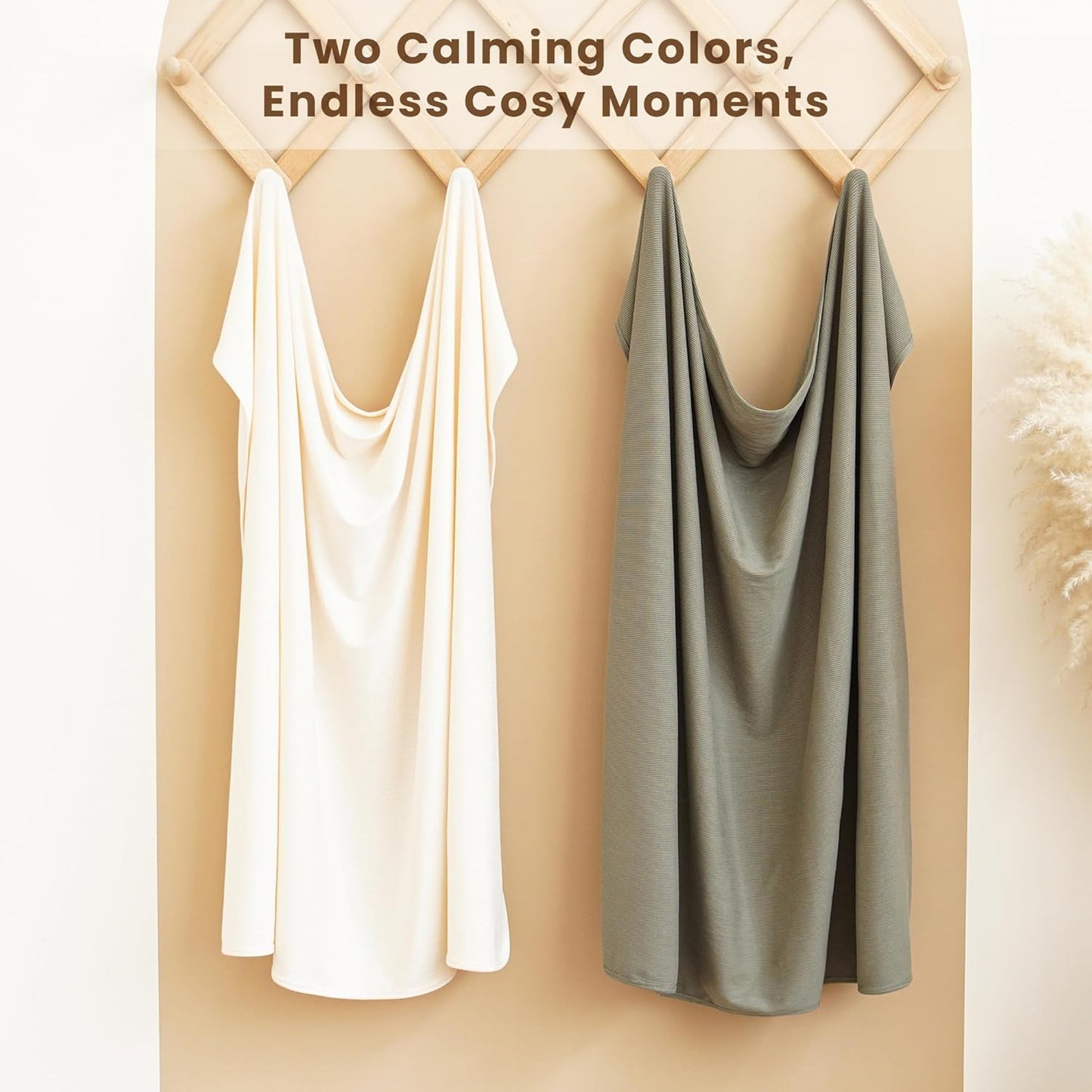 Konssy Knit Baby Blanket 2 Pack, Soft Ribbed Swaddle Receiving Blankets for Boys & Girls, Lightweight Cozy Swaddling Wrap for Newborns, Infants, & Toddlers, 33x42 Inch (Beige, Sage)