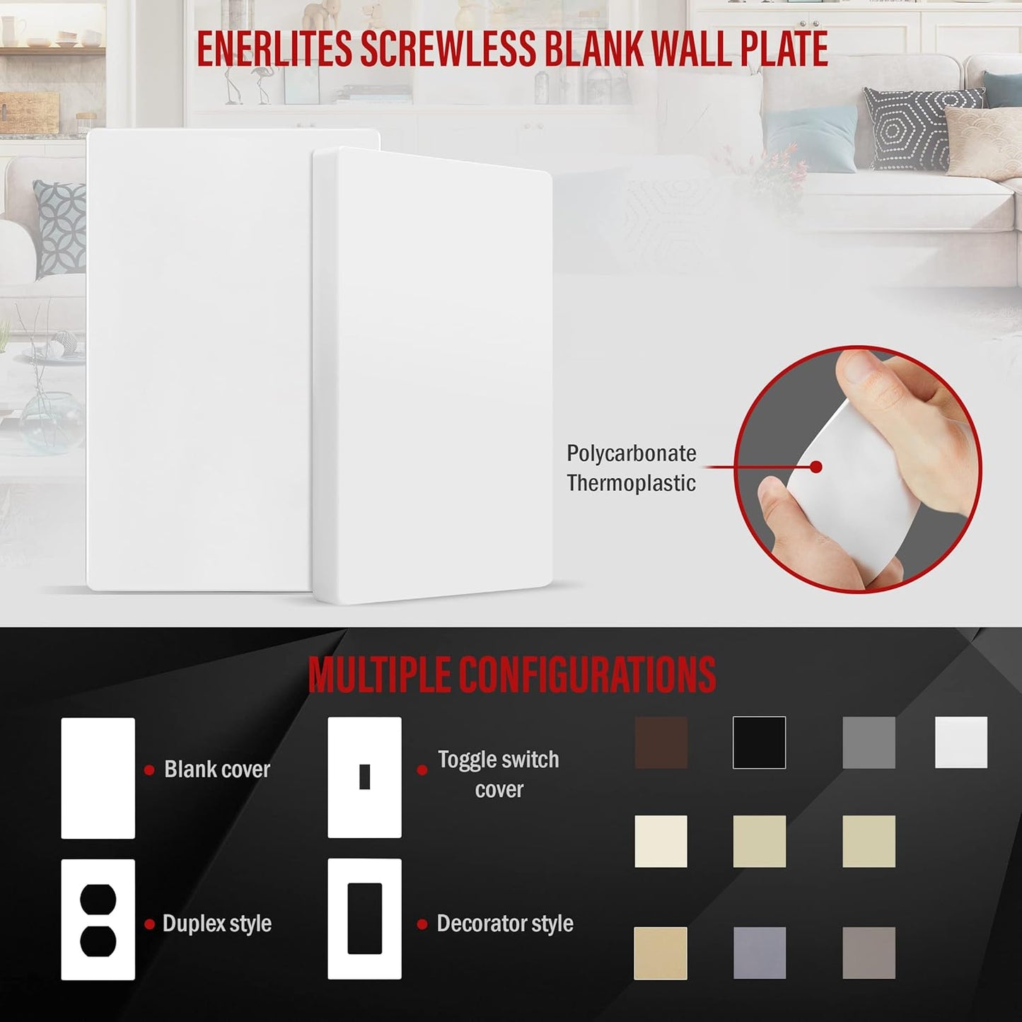 ENERLITES Screwless Blank Wall Plate, Child Safe Blank Device Outlet Cover, Standard Size, 1-Gang 4.68" x 2.93", Polycarbonate Thermoplastic, UL Listed, SI8801-W, Glossy, White