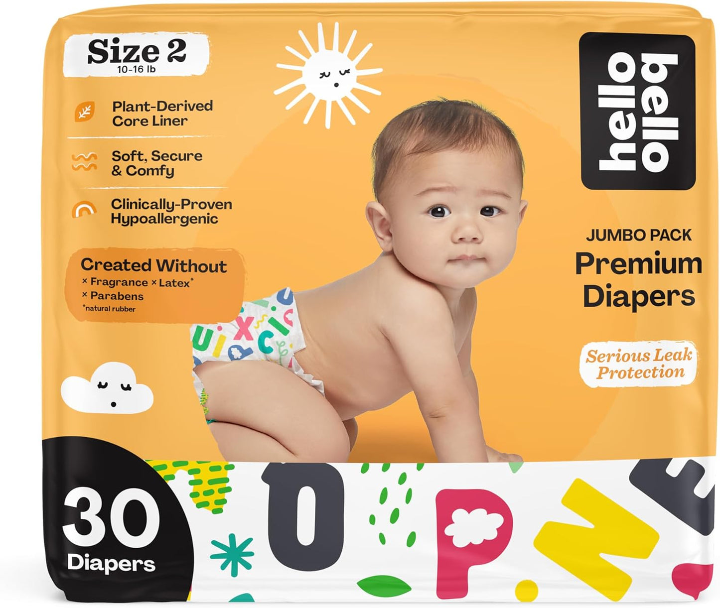 Hello Bello Premium Baby Diapers Size 2, 30 Count of Disposable, Extra-Absorbent, Hypoallergenic Baby Diapers with Snug and Comfort Fit, Alphabet Soup