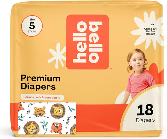 Hello Bello Diapers, Size 5 (27 lbs) Wild Cats, 18 Count of Premium Disposable Baby Diapers, Hypoallergenic with Soft, Cloth-Like Feel