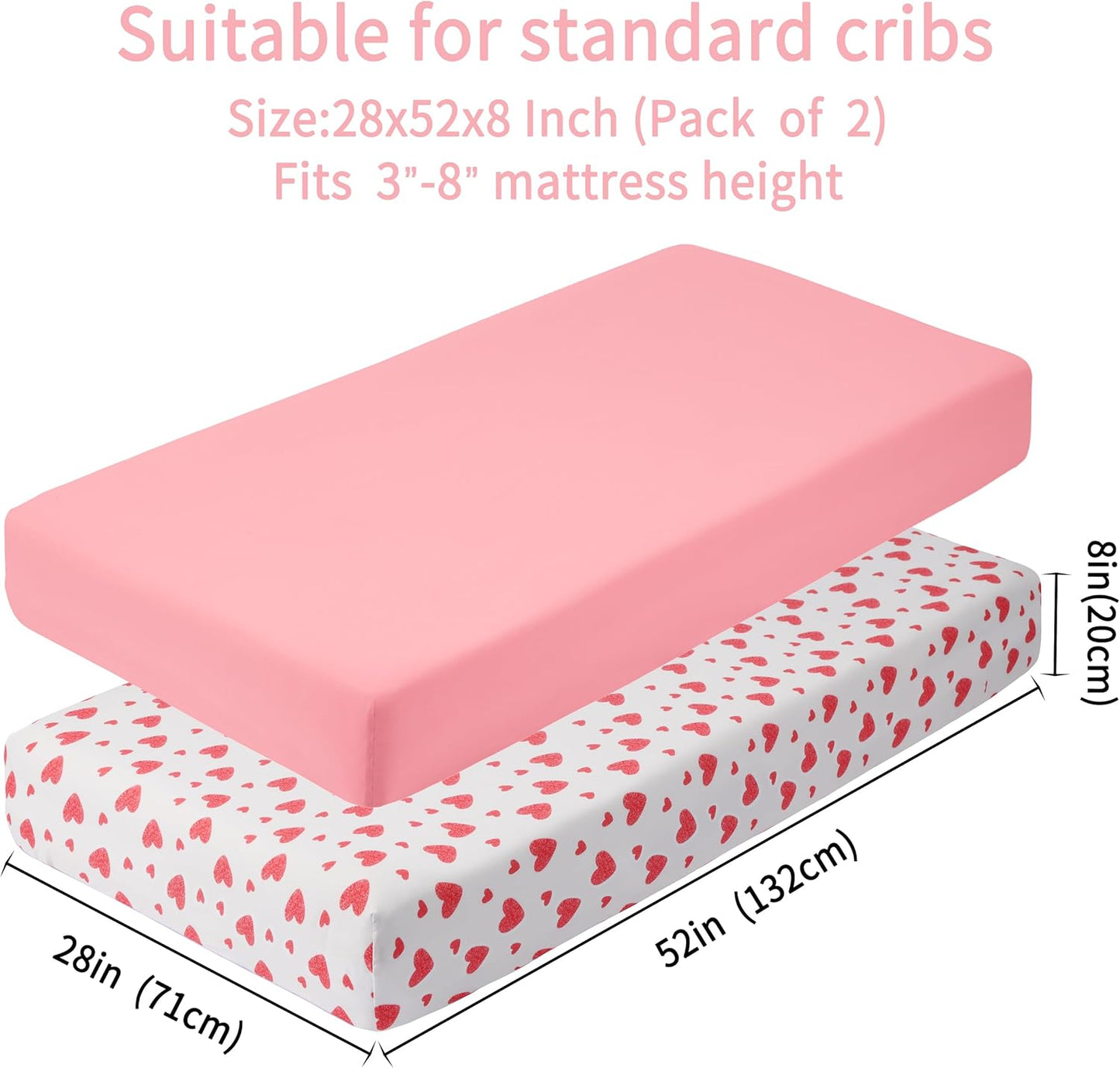 Baby Crib Sheets for Boys Girls, 2 Pack Fitted Crib Sheet for Standard Crib and Toddler Mattress, Soft Microfiber Baby Sheet 52x28x8in. (Love & Pink)