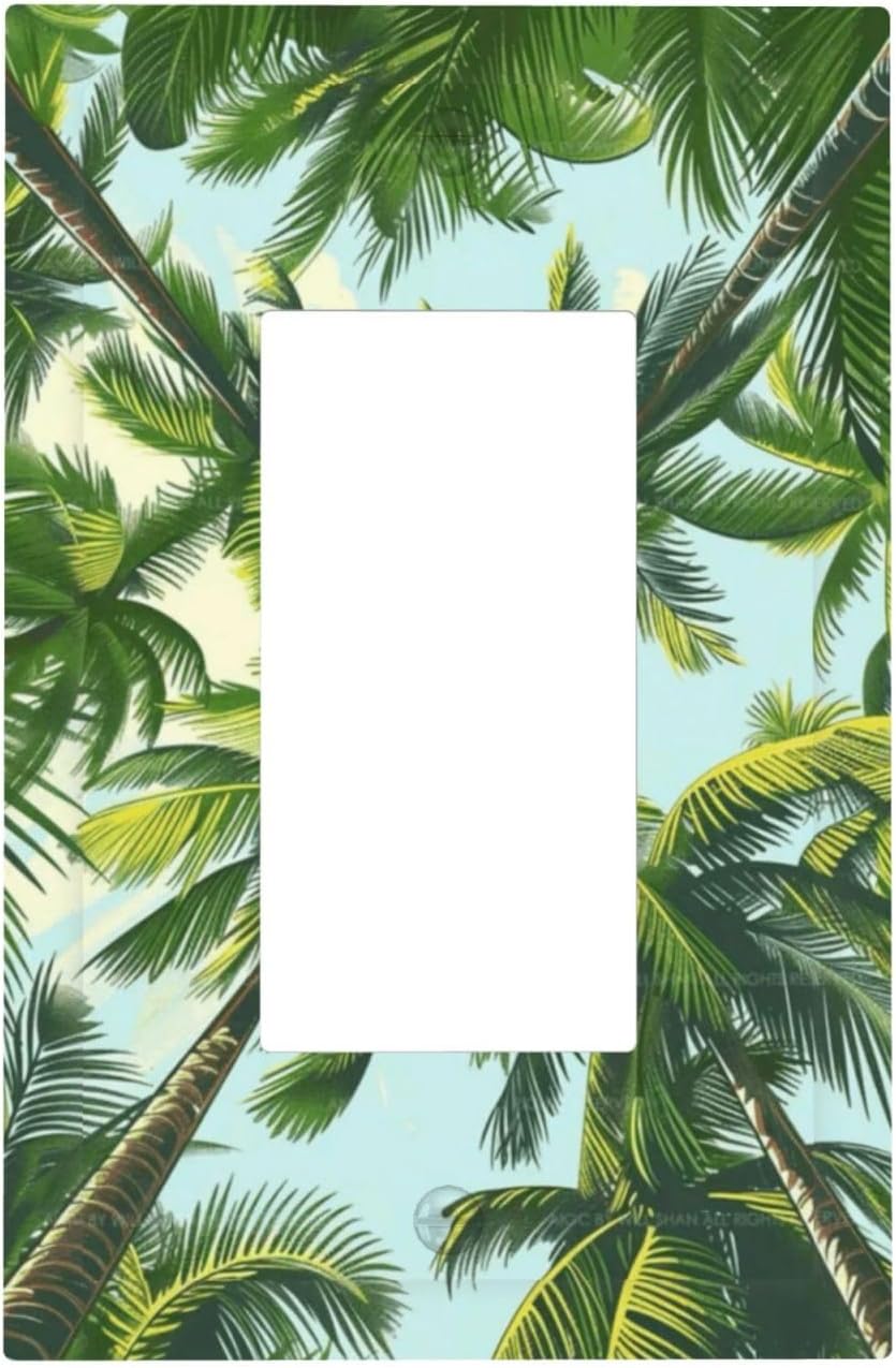 Summer Sky Coconut Palms Trees Green Plants Leaf Decorative Outlet Covers 1 Gang Single Rocker Light Switch Cover Plate Wall Plates GFCI Faceplate for Bed Room Living Room Decor