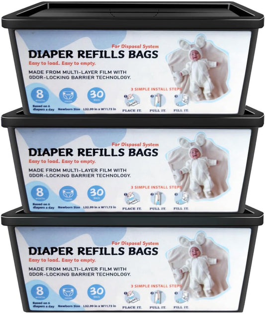 Diaper Pail Refills Bags with 30 Bags, Compatible with Genie Easy Roll Signature Diaper Pail and Platinum Diaper Pail, 7-Layer Odor-Barrier Technology, 3 Pack (90 Bag)