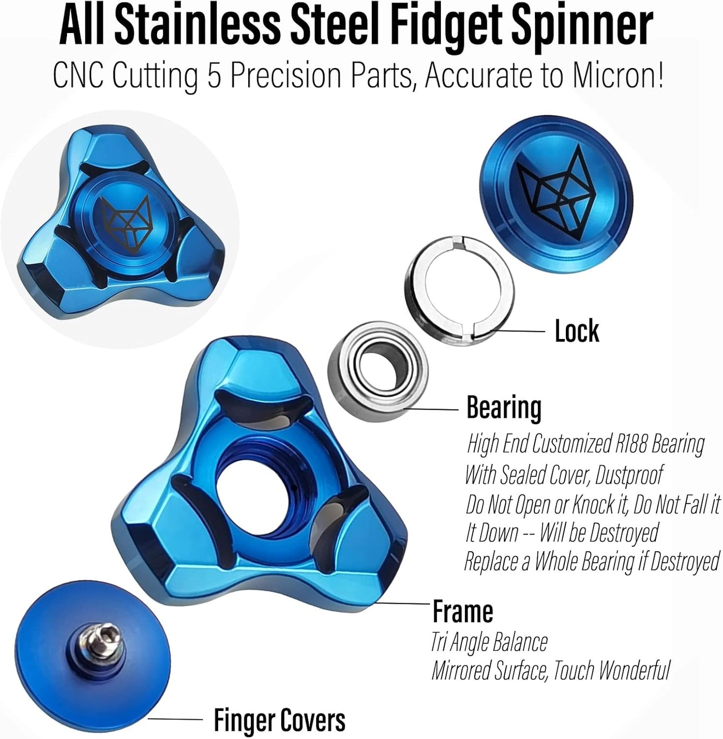 FREELOVE Metal Fidget Spinner, Stainless Steel Heavy, Long Spinning Toys, Cool Silent, Small Mini Fox Figette Spiner for Adults Men Anxiety, Quiet Bearing, Blue
