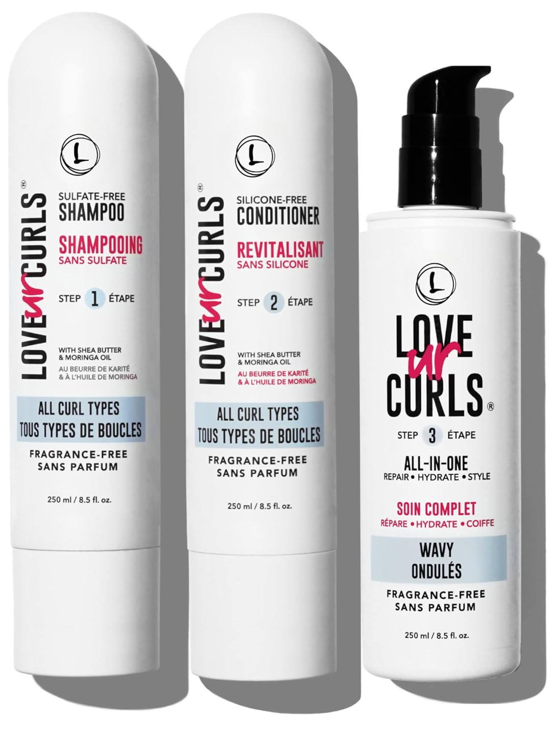 Love Ur Curls Fragrance Free Curly Shampoo and Conditioner Set with All in One Curl Cream Styler for Wavy Hair, 3 Step System to Repair, 200 mL
