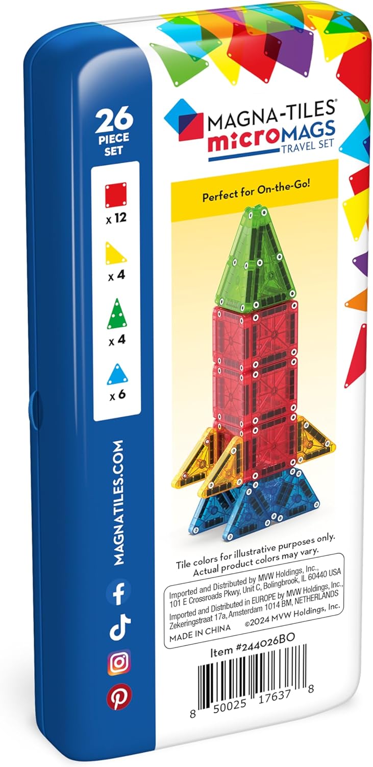 MAGNA-TILES microMAGS 26-Piece Travel Magnetic Construction Set – Bold Colors, The Original Magnetic Building Brand