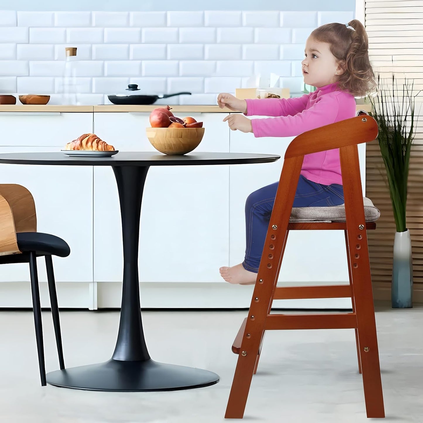 PandaEar Wooden High Chair for Toddlers, Adjustable Child Highchair Feeding Chair with Removable Cushion & Steps for Kids Dining, Eating, Studyin (Walnut)