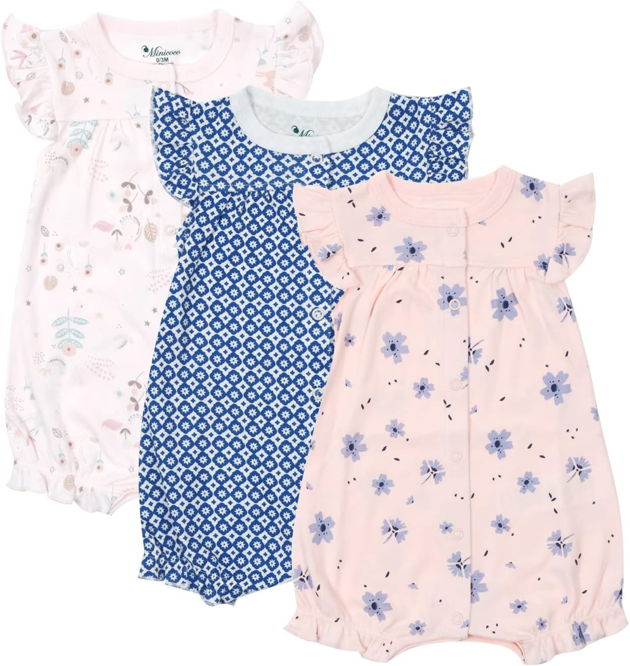 3-pack 100% Cotton Baby Girl Rompers, 0-24 months Ruffle Sleeve Toddler Romper Summer Clothes Set