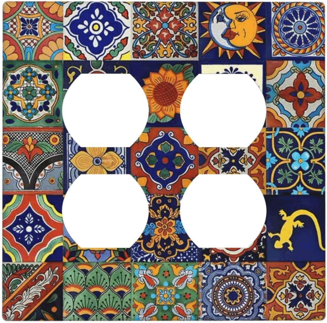 Talavera Mexican Tiles Traditional Color Decoration Print Outlet Covers 2 Gang Double Duplex Decorative Light Switch Covers Electrical Wallplates Socket Faceplate for Kitchen Bathroom Decor