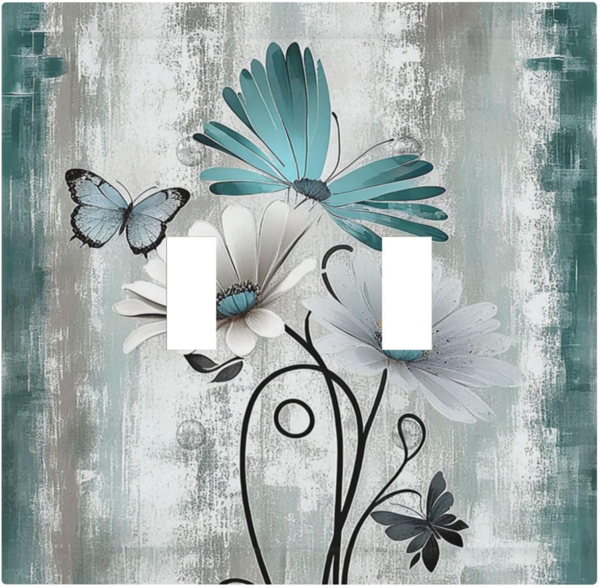 Decorative Switch Plates Rustic Teal Daisy Floral Flowers Butterfly Wood Grain 2 Gang Double Toggle Outlet Light Switch Cover Wall Plate Electrical Faceplate for Bathroom Bedroom Decor