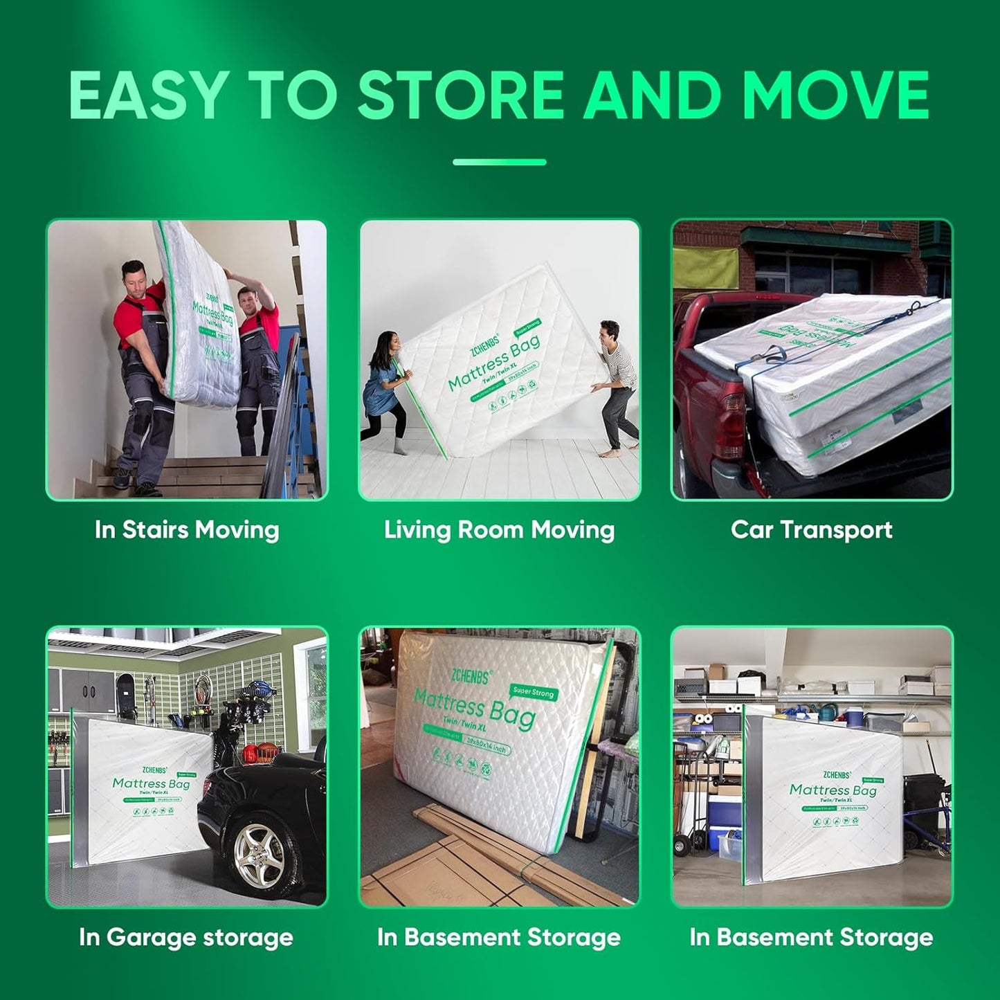 ZCHENBS® – Mattress Bags for Moving and Storage,Mattress Bag with Zippers,5 Mil Ultra-Thick Bed Bag,Waterproof,Anti-Tear,Heavy-Duty Mattress bag (Tansparent/Green, Green-King/California King-(1 Pack))