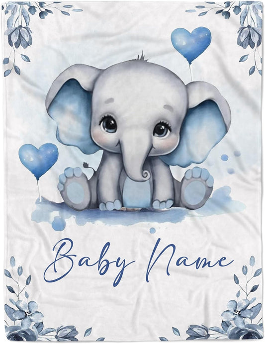 Personalized Baby Blanket for Boy Girl Newborn Custom Elephant Blanket with Name Customized Gifts for Baby Shower Birthday Christmas