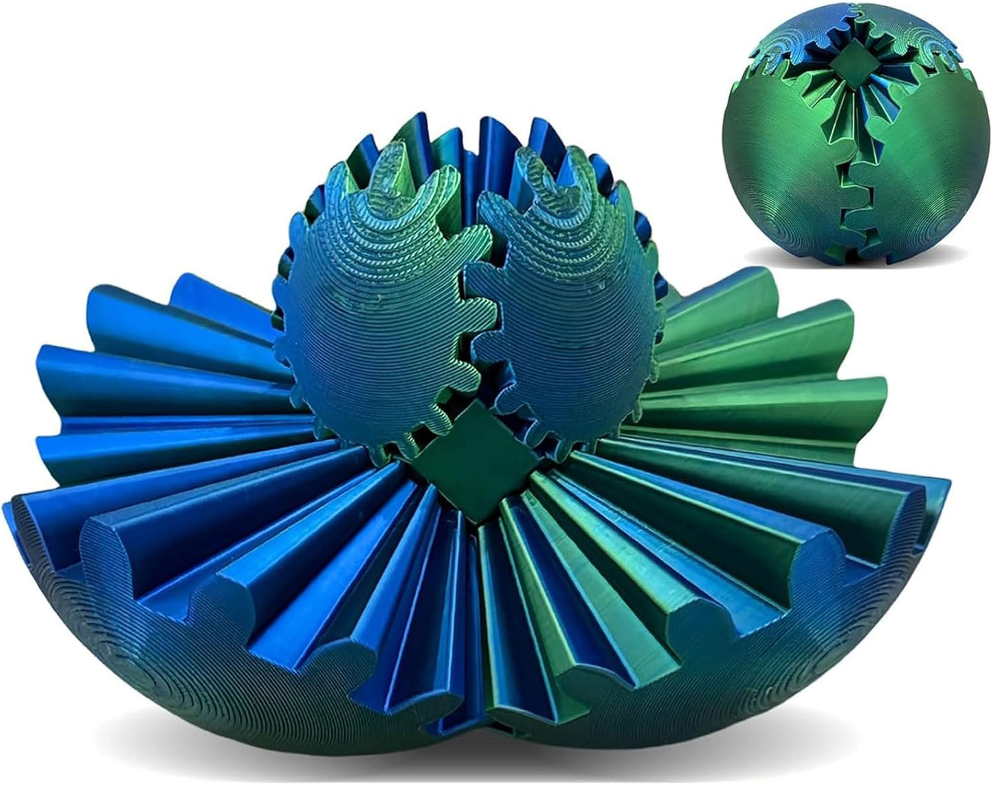 Gear Ball, Gear Sphere 3D Printed Gear Ball Fidget Toy Spin Ball, GearSphere Desk Toy, Stress Ball, Fidget Ball, Gear Toy for Stress and Anxiety Relaxing (Laser Blue Green)