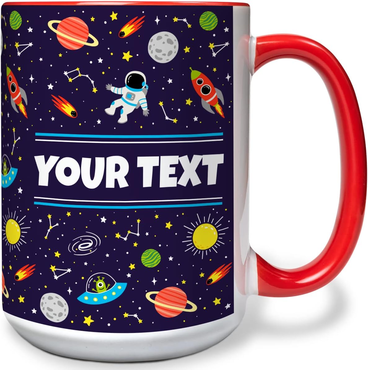 Personalized Mug for Kids - Outer Space - Custom Name/Text, Ceramic Hot Chocolate/Cocoa/Coffee Cup for Boys/Girls, Birthday/Christmas/Holiday Gift - 15 oz, Red Handle