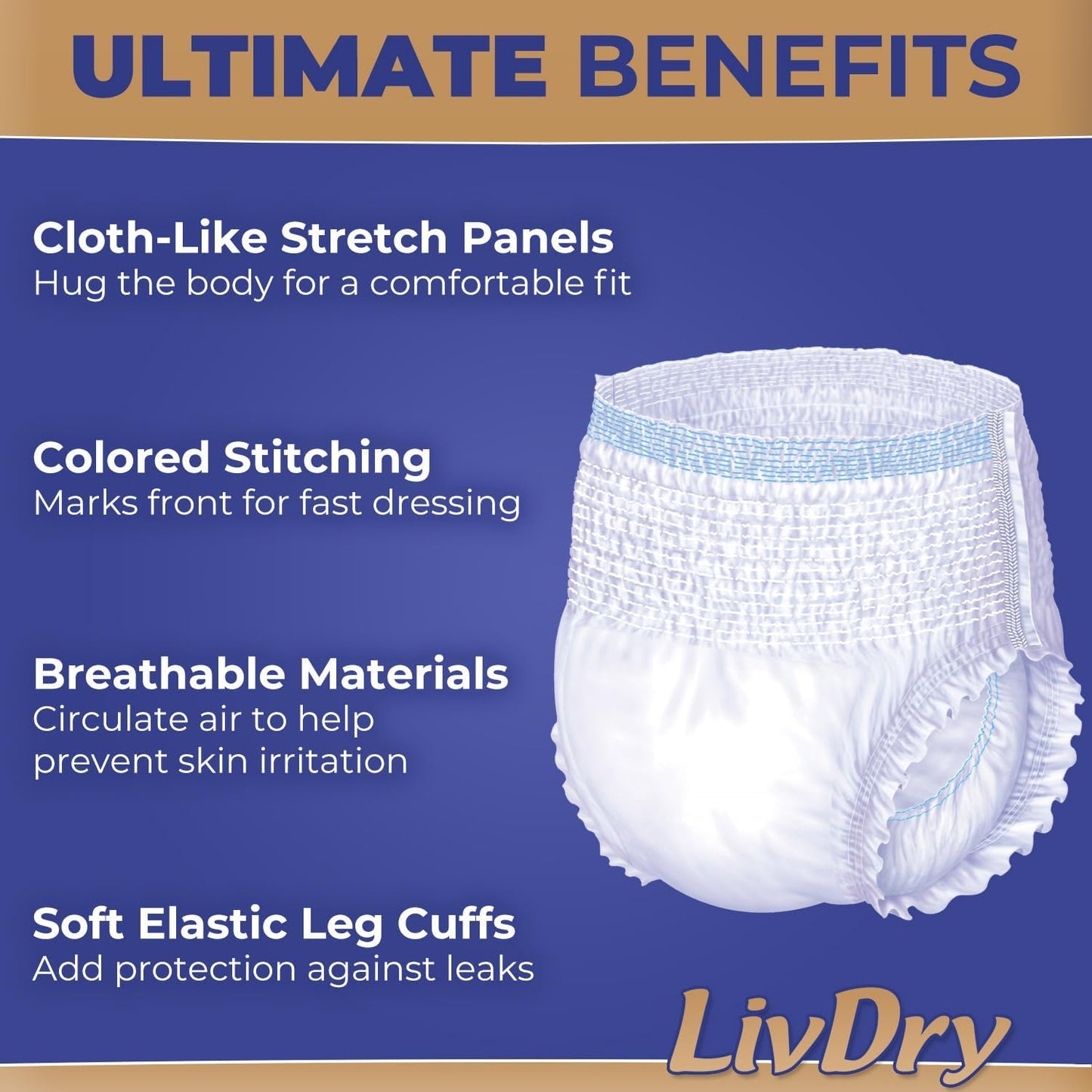 LivDry Large Ultimate Adult Incontinence Underwear, Max Absorbent Adult Diapers with Leak Protection, L, 15-Pack