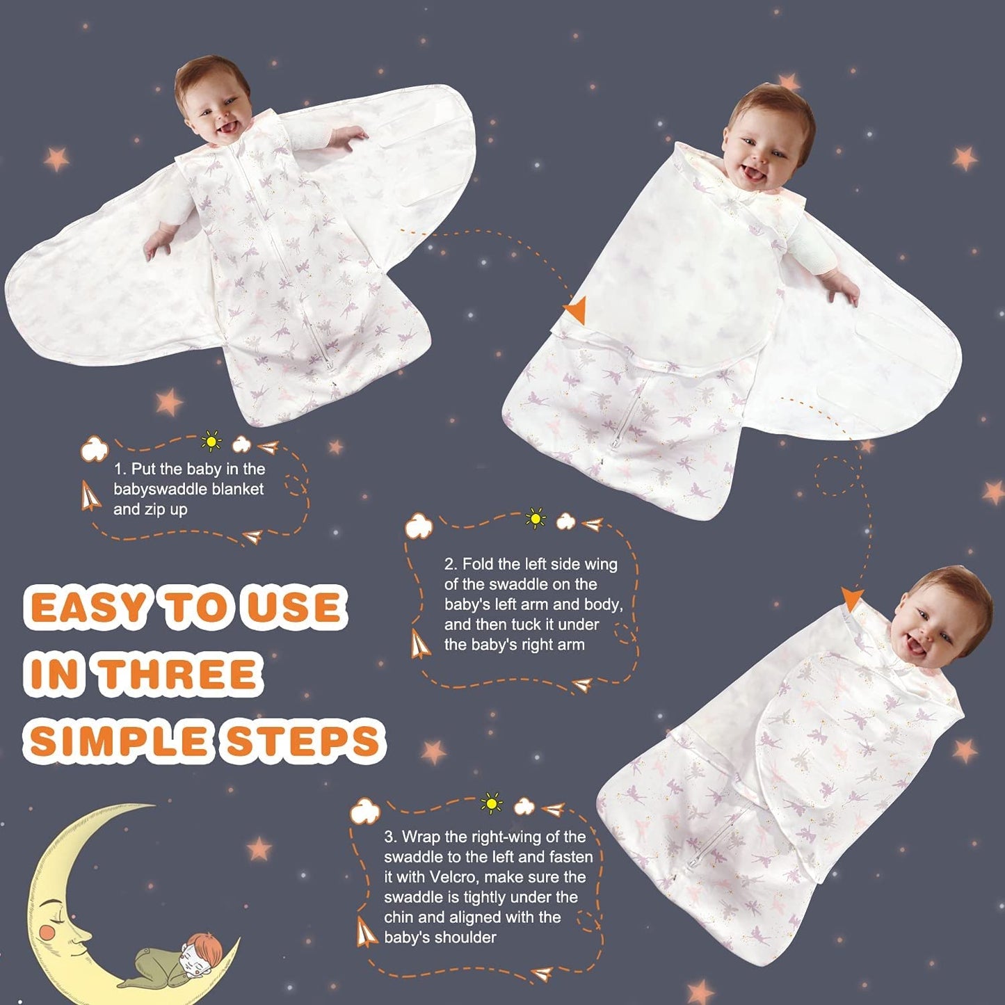 Swaddle-Blanket Baby Girl & Boy Swaddles Newborn Infant Transition 100% Cotton Wrap Blankets, 3-Way Adjustable Wearable Blanket, TOG 1.0 (Little Fairy 0-3 momth)