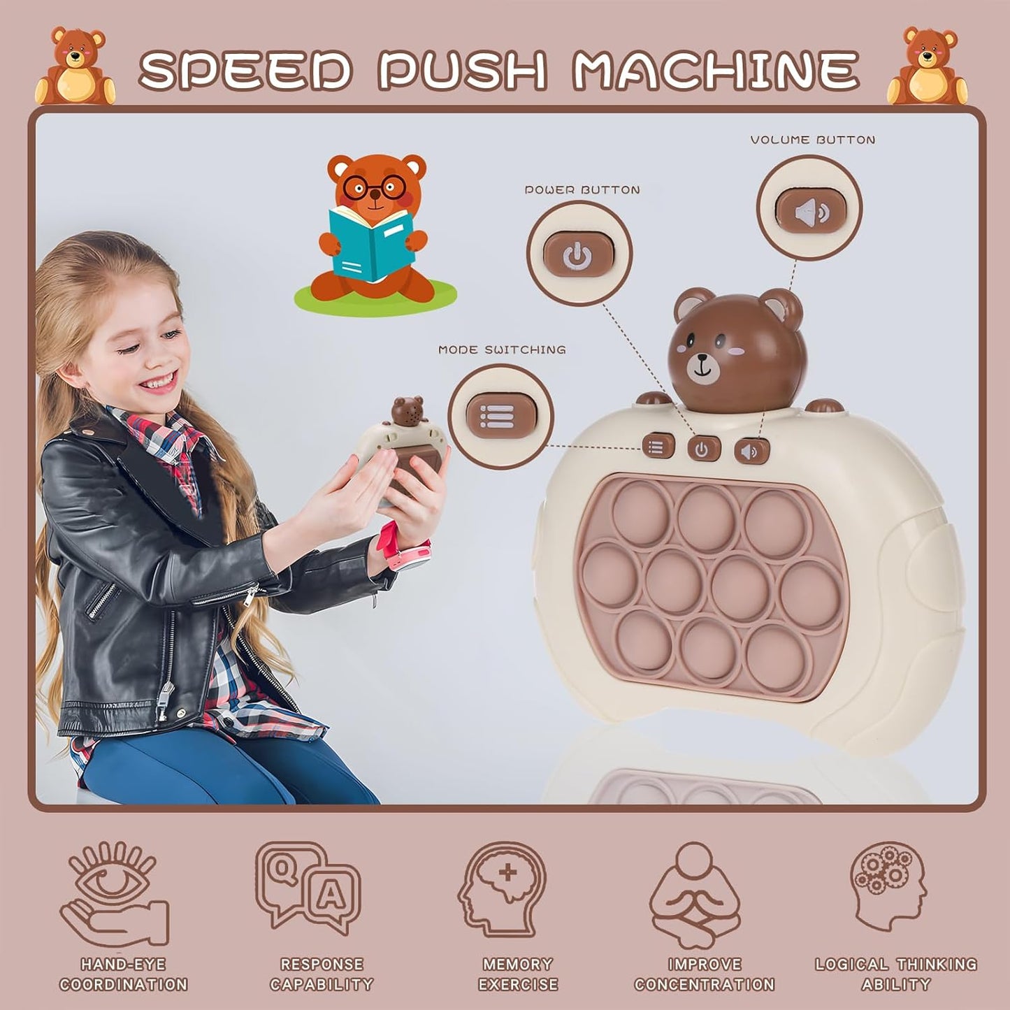 Fast Push Game Pop Fidget Toys for Kids, Fast Push Bubble Game, Quick Push Pop Game for Boys & Girls Age 3-12, Handheld Puzzle Game Sensory Toys Relaxation and Decompression (Grey Bear)