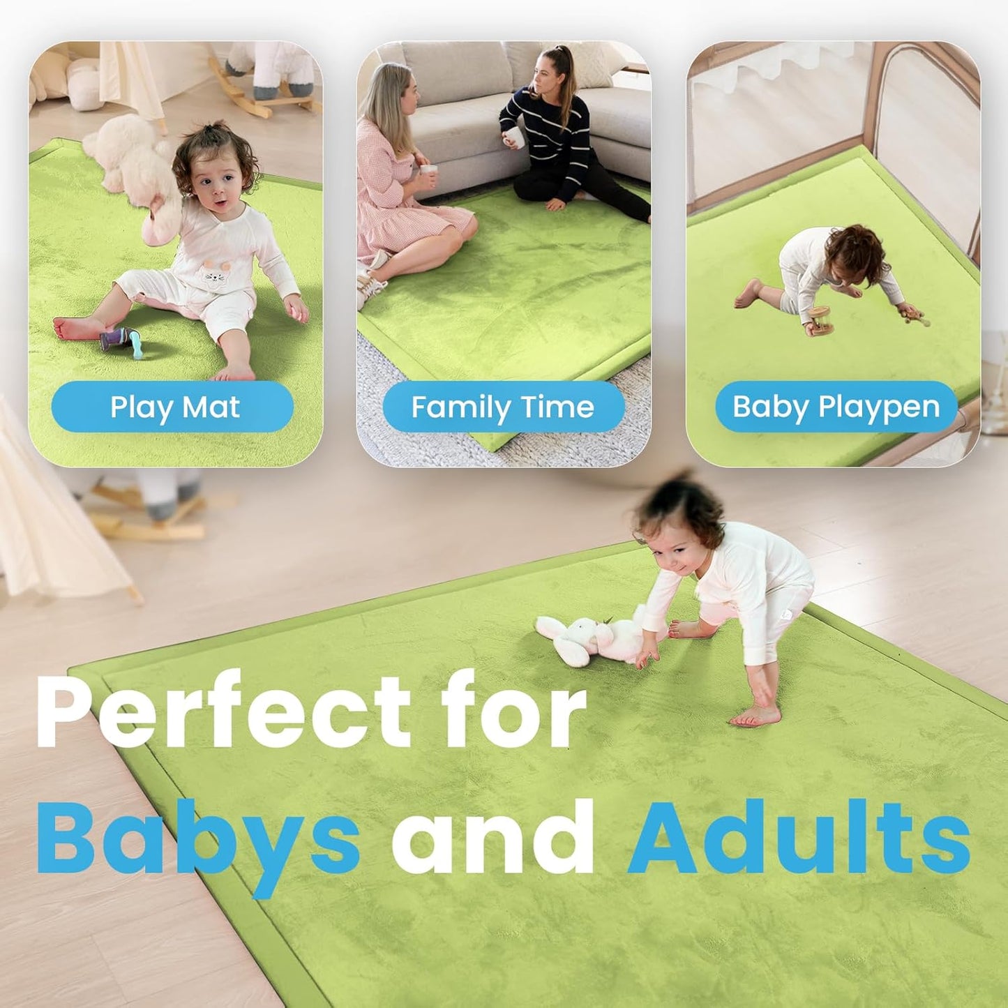 1.3" Thick Baby Play Mat,Ultra Soft Elasti-Foam 50×50 Playpen Mat for Tummy Time,Water-Repellent Coral Fleece Nursery Rug for Infants,Toddlers,Kids,Non-Slip Safe for Crawling(Light Green)