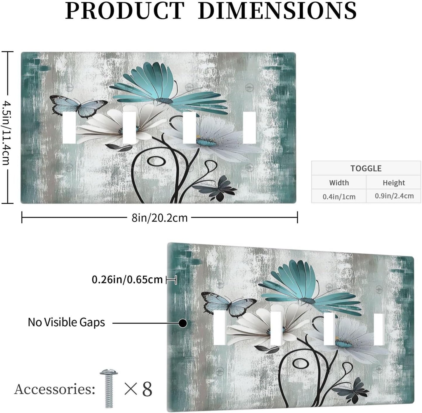 Light Switch Covers Rustic Teal Daisy Floral Flowers Butterfly Wood Grain Quad Toggle Electrical Faceplate 4 Gang Wall Plate Decorative Switch Plates for Bathroom Bedroom Decor