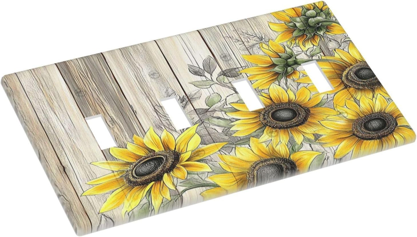 Light Switch Covers Floral Sunflower Rustic Flower Vintage Wood Quad Toggle Electrical Faceplate 4 Gang Wall Plate Decorative Switch Plates For Farmhouse Cabin Decor