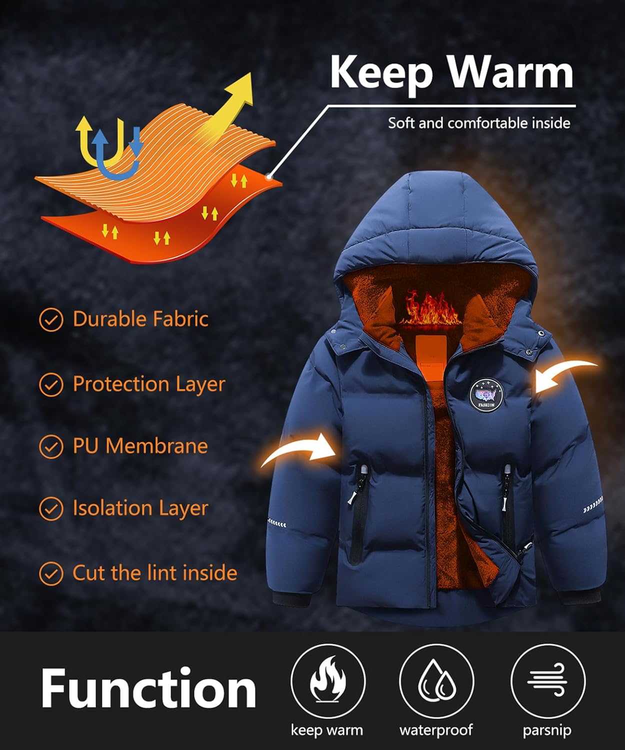 Kids Boy's Winter Coat Fleece Lined Waterproof Jacket Puffy Cotton Coat Thick Hooded Down Outdoor Coats