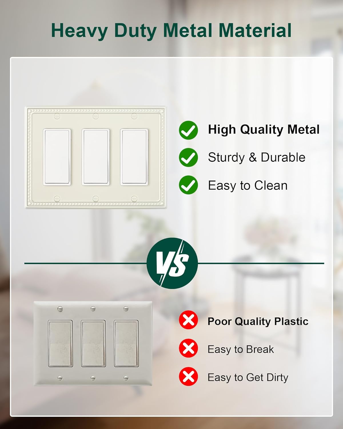 2-Pack Triple Decorator Outlet Cover Plate, Light Almond Pearls Decorative Switch Plates Covers, Metal Wall Plates for Electrical Outlets, Receptacle, GFCI Outlet, Dimmer Switch