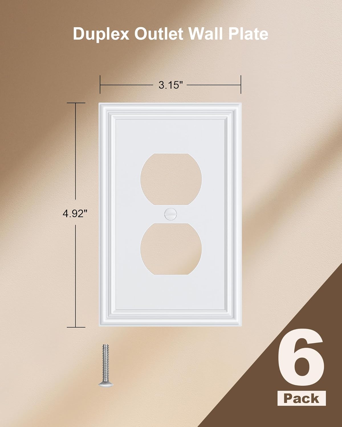 6-Pack Single Duplex Outlet Cover Plate, Decorative White Switch Plates and Outlet Covers, Metal Wall Plates for Electrical Outlets, 1 Gang Receptacle Cover, Corrosion Resistant