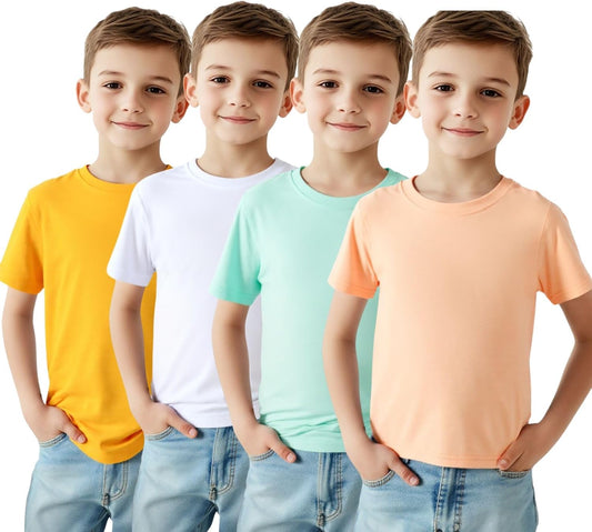 HILEELANG Kids Boy Basic Plain Cotton T-Shirts Short Sleeve Crew Neck Summer Tees 4packs 6-12 Years