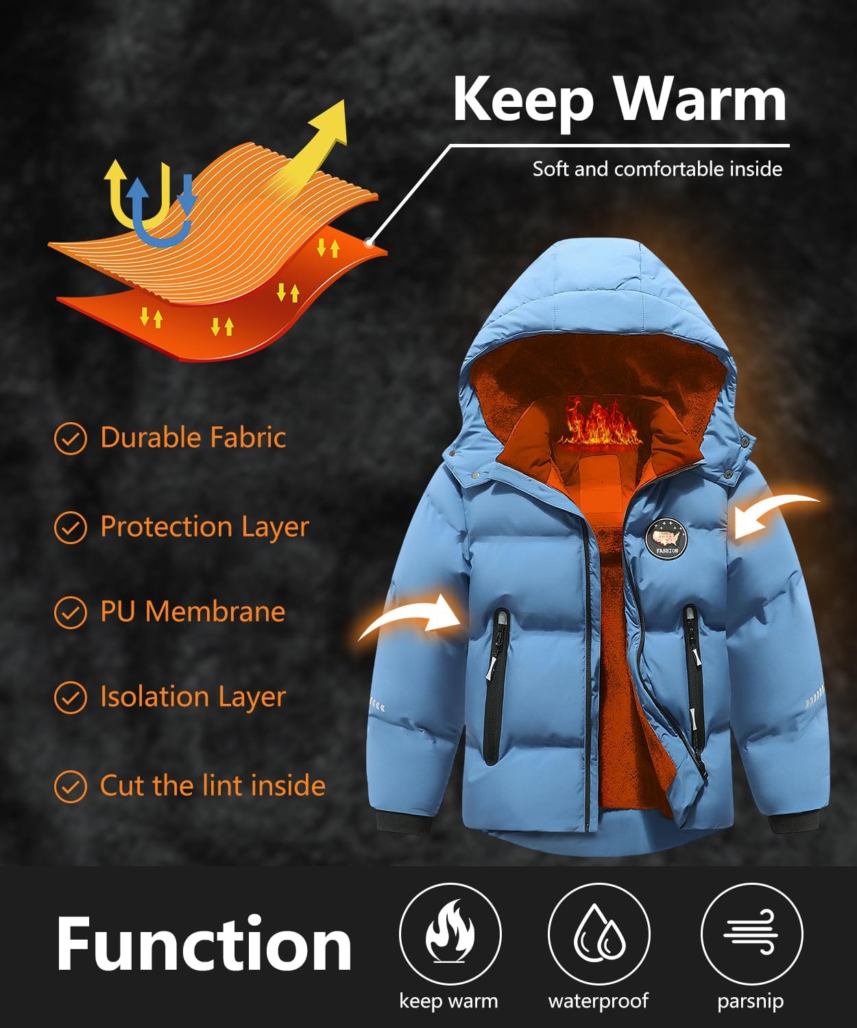 Kids Boy's Winter Coat Fleece Lined Waterproof Jacket Puffy Cotton Coat Thick Hooded Down Outdoor Coats