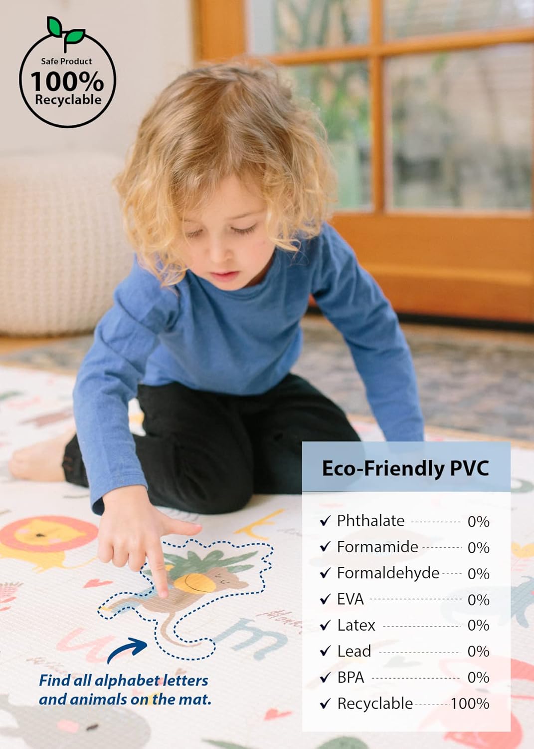 Baby Care Play Mat (Medium, Moroccan - Blue) 73’’ x 49’’ Original One-Piece Reversible Rollable Waterproof Play Mat for Infants, Babies, Toddler, and Kids