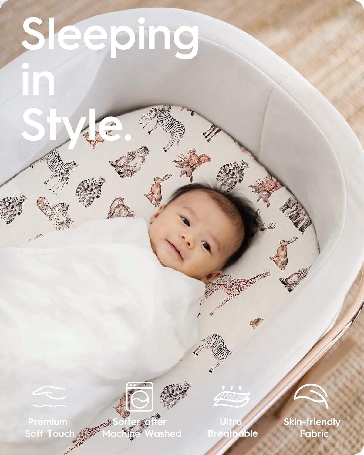 Bassinet Sheets for Baby Boy Girl, TotBasic Buttery Soft Universal Bassinet Fitted Sheet, Compatible with Halo, Mika Micky, Baby Delight, Dream On Me, Maxi COSI and More Bassinet Mattress(Ocean&Zoo)