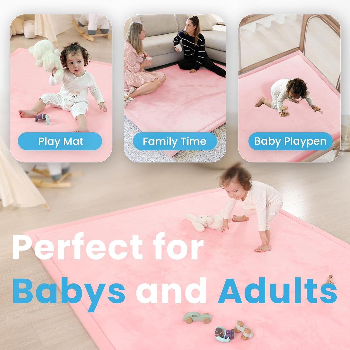 Ultra Soft Baby Play Mat,79"×79" Extra Large Activity Tummy Time Mat for Toddlers,Infants,Kids,1.3" Thick Elasti-Foam Nursery Rug for Floor,Non-Slip Safe for Crawling,Water-Repellent(Pink)