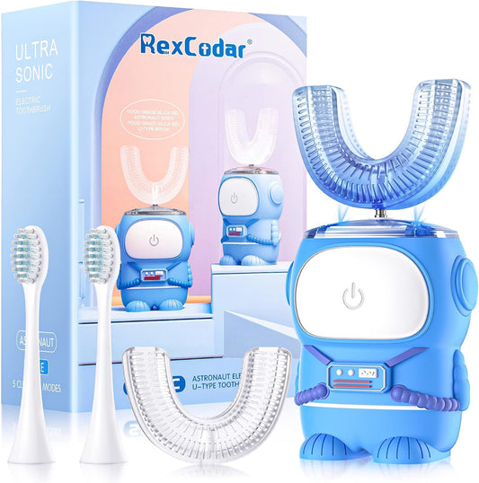 Ultrasonic Kid's U-Shaped Electric Toothbrush, IPX7 Waterproof, Five Cleaning Modes, 60S Smart Reminder (Cartoon Astronaut,Blue Ages 2-6)