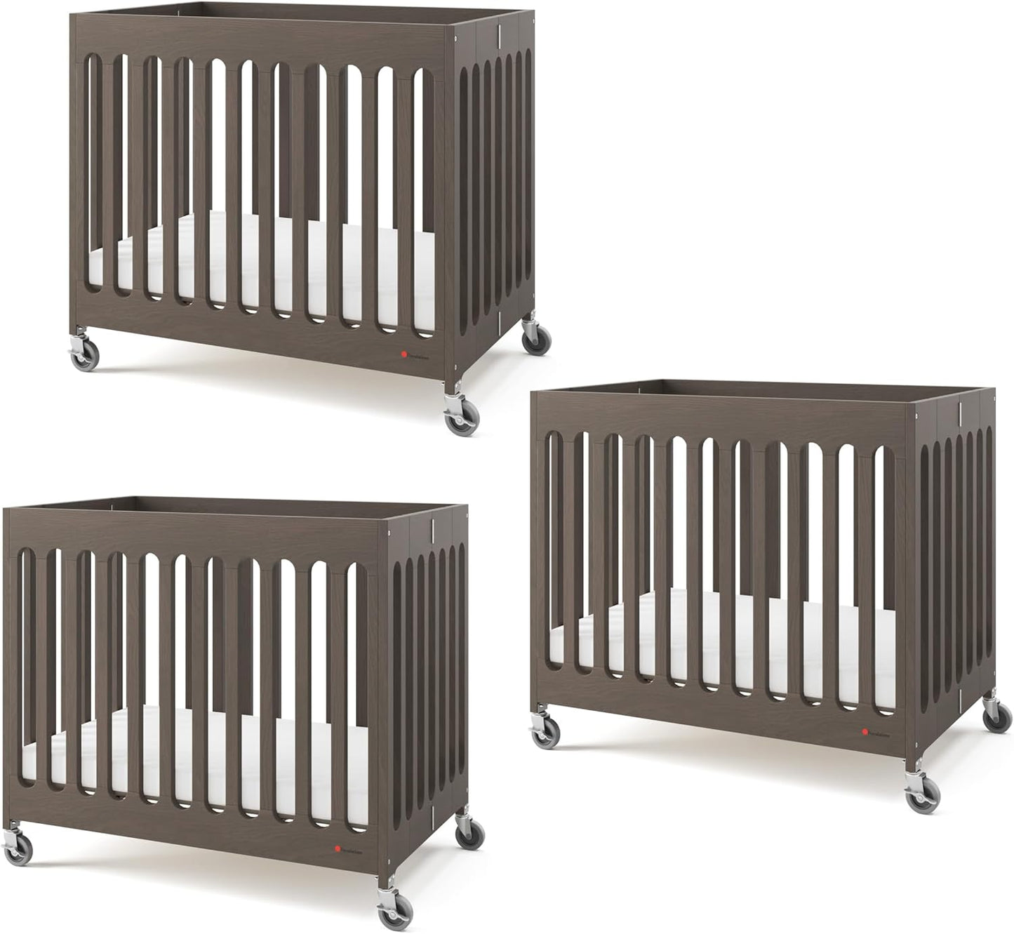Foundations Boutique Compact Folding Crib 3 Pack for Hotels, Wood Crib, Commercial Casters, Includes 3" Foam Crib Mattress (Dapper Gray)