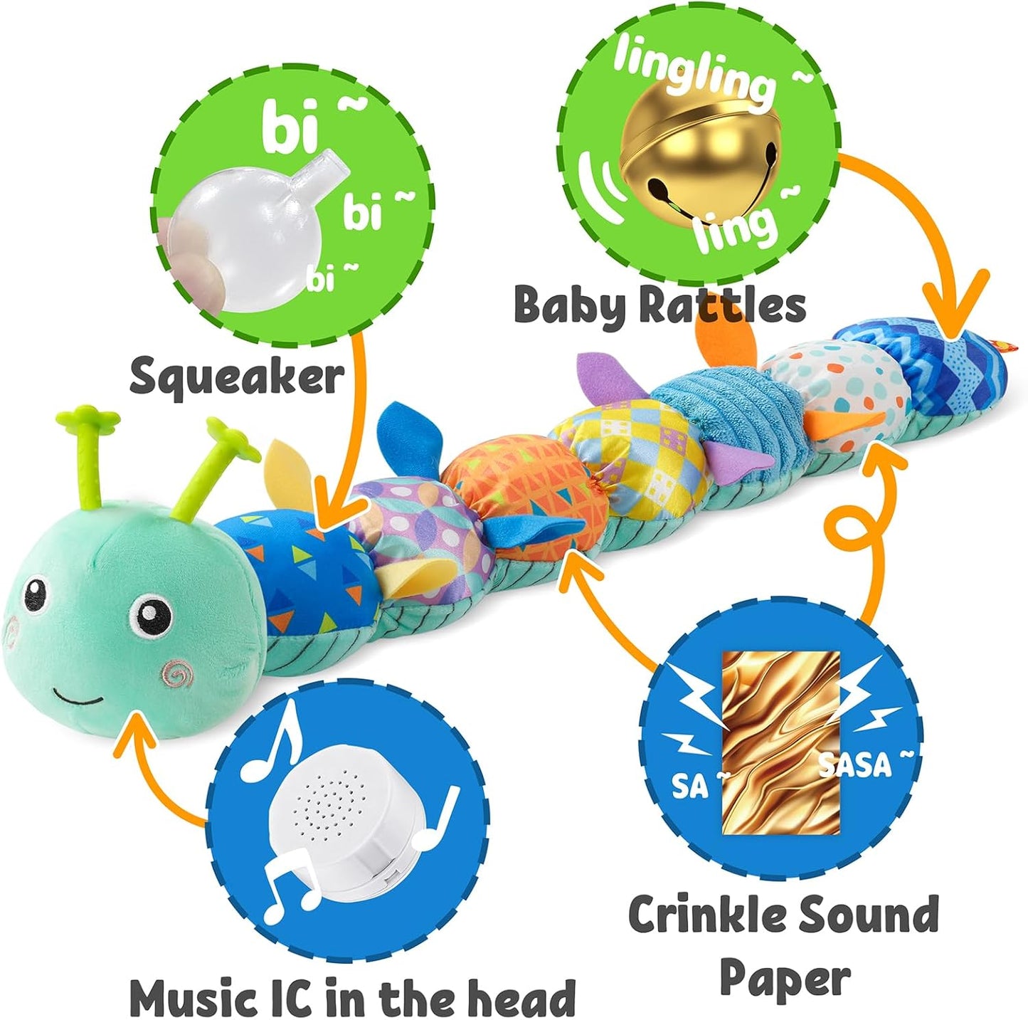 LIGHTDESIRE Baby Toys Musical Caterpillar,Infant Stuffed Animal Toy with Crinkle and Rattles,Soft Sensory Toys with Textures for Tummy Time Newborn Boys Girls 0 3 6 12 Months(Blue)