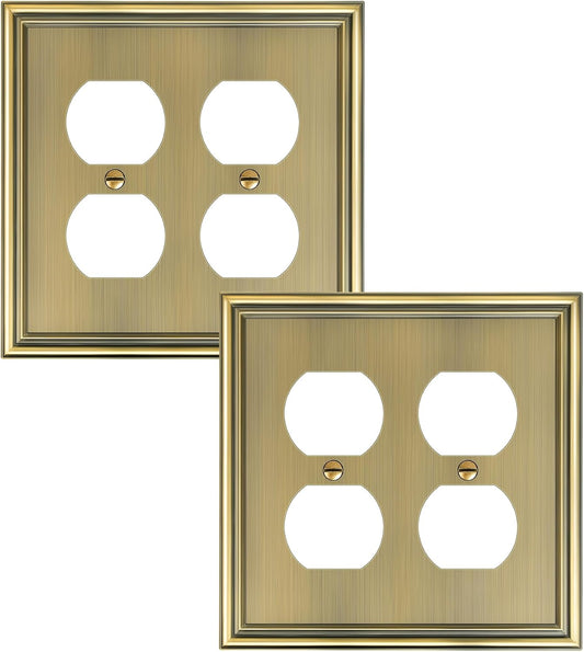 2-Pack Double Duplex Outlet Cover, Antique Brass Decorative Switch Plates and Outlet Covers for Electrical Outlet, Durable Zinc Alloy Wall Plates, 2 Gang Receptacle Cover, Corrosion Resistant