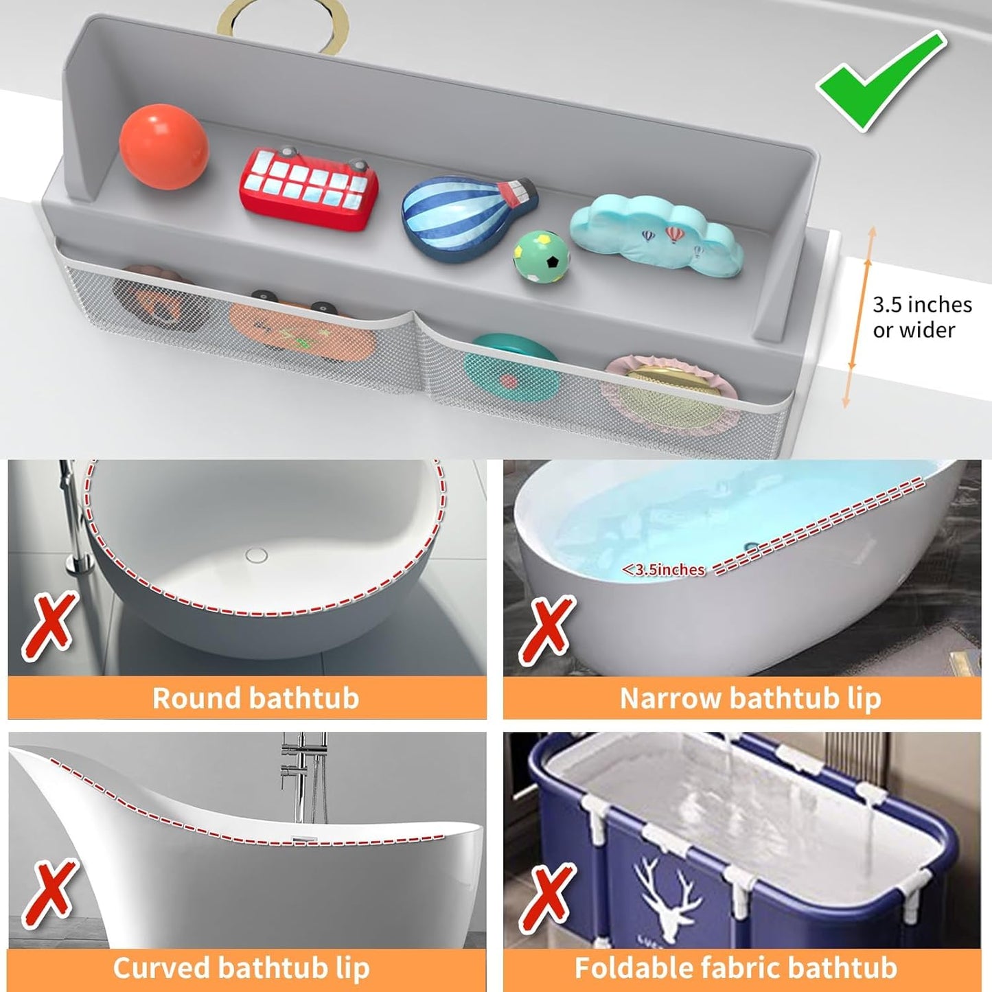 Gray Bathtub Splash Guard with Suction Cups, Waterproof Mesh Toy Organizer for Kids, Bath Toy Storage, Fits Most Tubs, Easy to Clean (Grey)