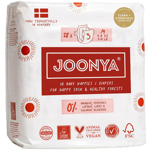 Joonya Baby Diapers, Size 3 M (9-18 lb) - 1 Bag of 28 - New Range - NonToxic, Eco-Friendly, Ultra Slim, Overnight Use - Made in Denmark