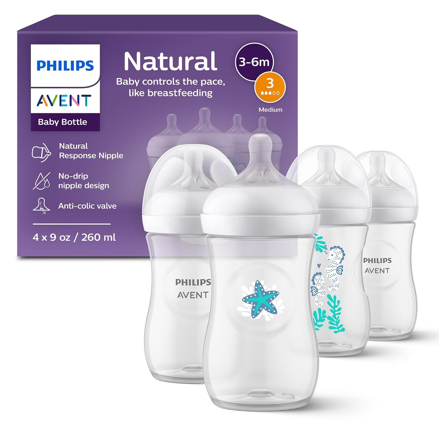Philips Avent Natural Baby Bottles with Natural Response Nipples (Medium Flow, Flow 3), with Seahorse and Starfish Design, 9oz, 4-Pack, SCY903/68