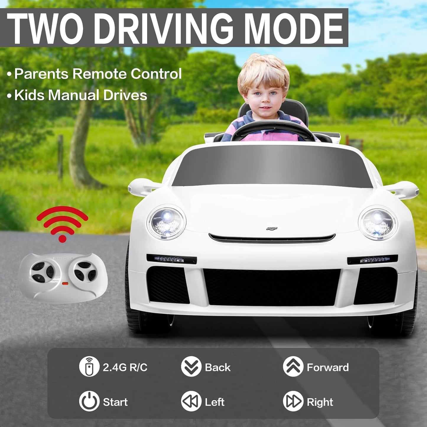 Licensed RUF CTR3 12V Kids Electric Car with Parent Remote Control, 2 Motors, 3 Speeds, LED Lights, MP3 Player | Battery Powered Ride-On Toy for Kids to Drive - White