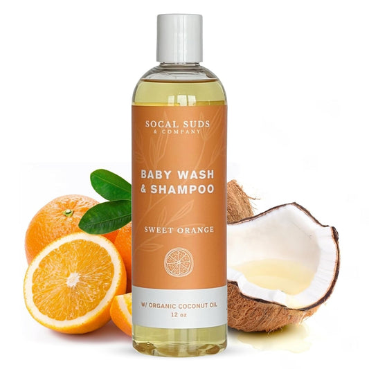 SoCal Suds & Company Baby Shampoo & Body Wash, 2-in-1 Organic Gel - Gentle Castile Soap with Vitamin-Infused Oils & Botanicals - Natural Care for Sensitive Skin Hypoallergenic - 12oz Sweet Orange