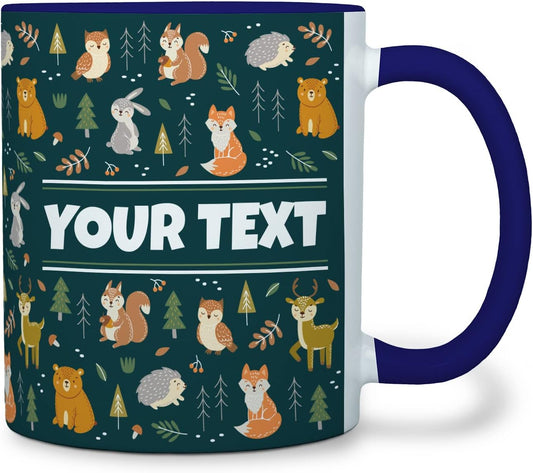 Personalized Mug for Kids - Woodland Animals - Custom Name/Text, Ceramic Hot Chocolate/Coffee Cup for Boys/Girls, Birthday/Christmas/Holiday Gift - 11 oz, Navy Blue Handle