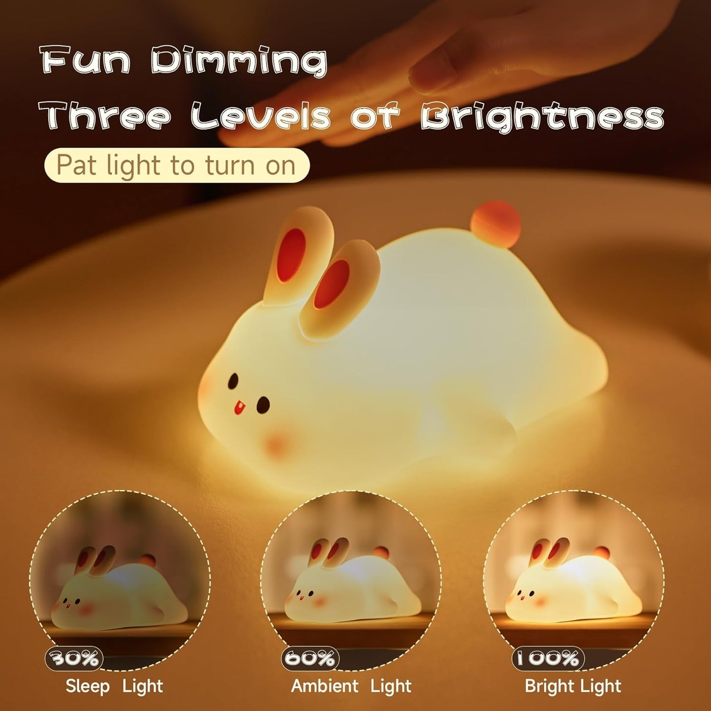 Big Face Rabbit Night Light, Adorable LED Bunny Night Lamp, Silicone Dimmable Nursery Nightlight for Girls, Silicone Rechargeable Bedside Touch Night Lights for Easter Decor