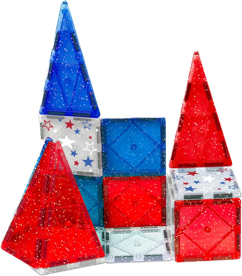 CreateOn Crayola Red, White & Blue Magnetic Tiles 14pc, Building Set for Kids, Magnetic Toy, Travel Toys, Classroom Sensory Toy Blocks, STEM & Montessori Tools for Boys & Girls Ages 3+, 14-Piece Set