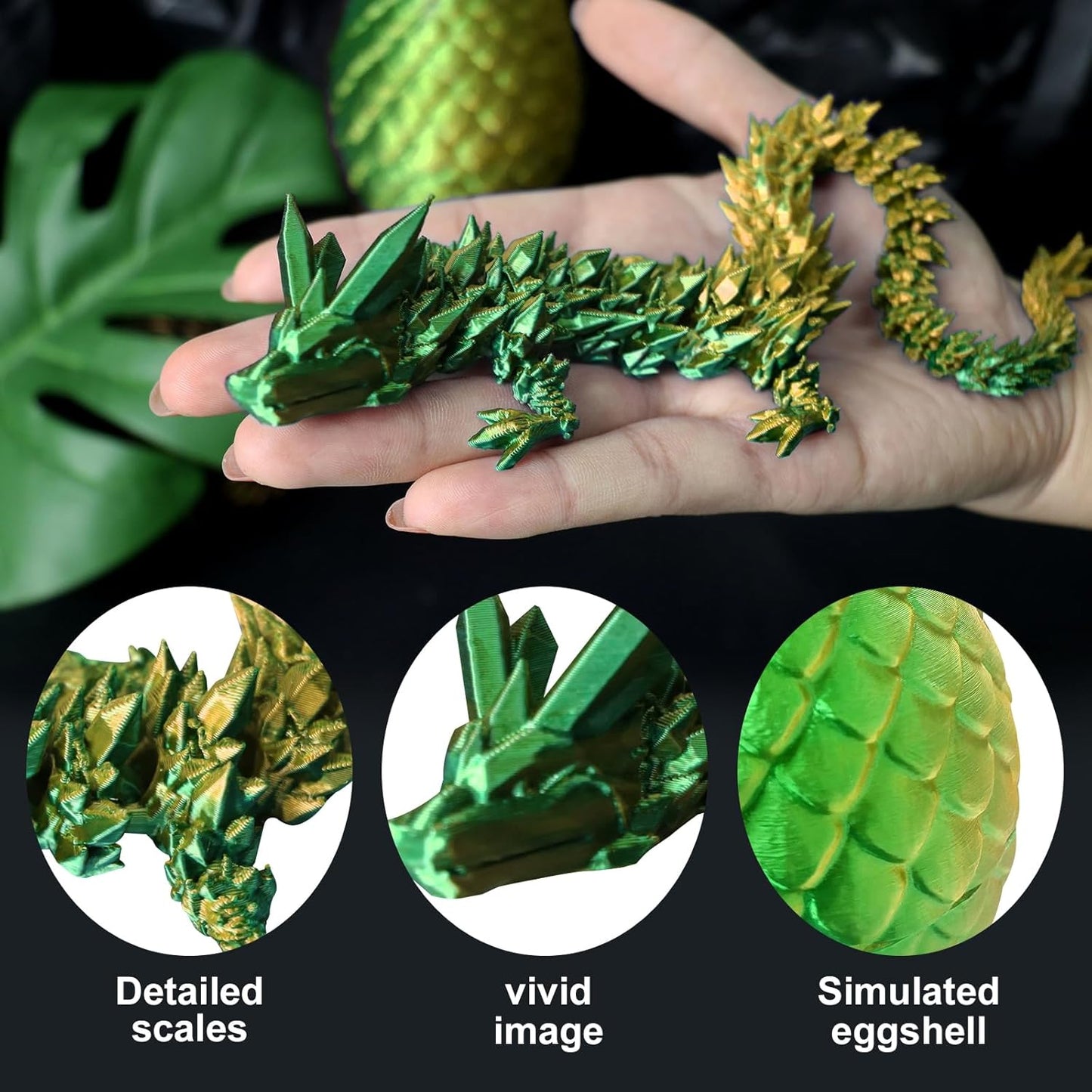 Easter Basket Stuffers, 3D Printed Dragon in Egg, Dragon Eggs with Dragon Inside, 12'' Full Articulated Dragon Crystal Dragon, Fidget Desk Toys Easter Eggs Fillers Easter Gifts for Kids (Laser Green)