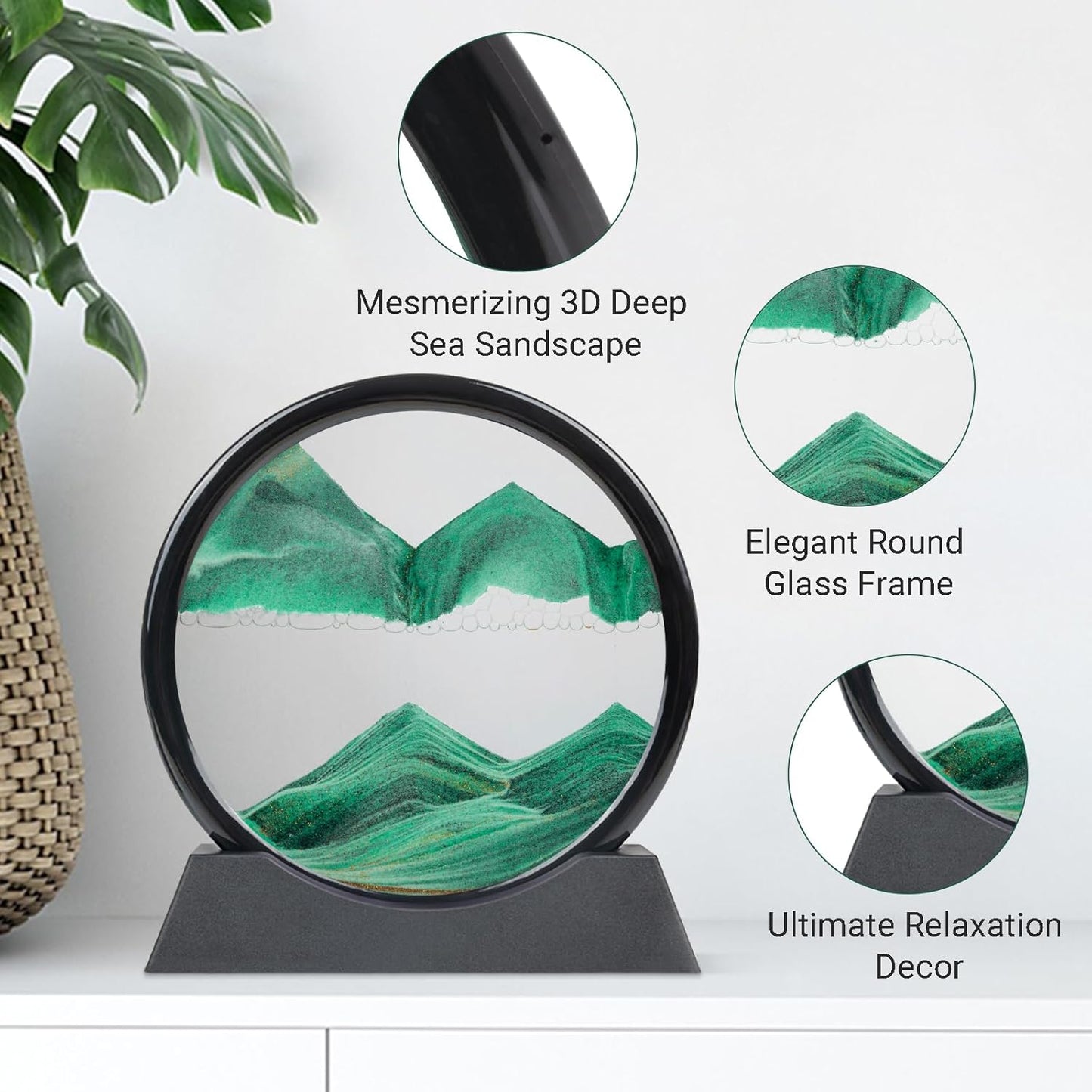 Drakswet Moving Sand Art Liquid Motion，Moving Sand Art Picture-3D Deep Sea Sandscape，Round Glass Frame Display Flowing Sand Relaxing Desktop Home Office Work Decor (Green)